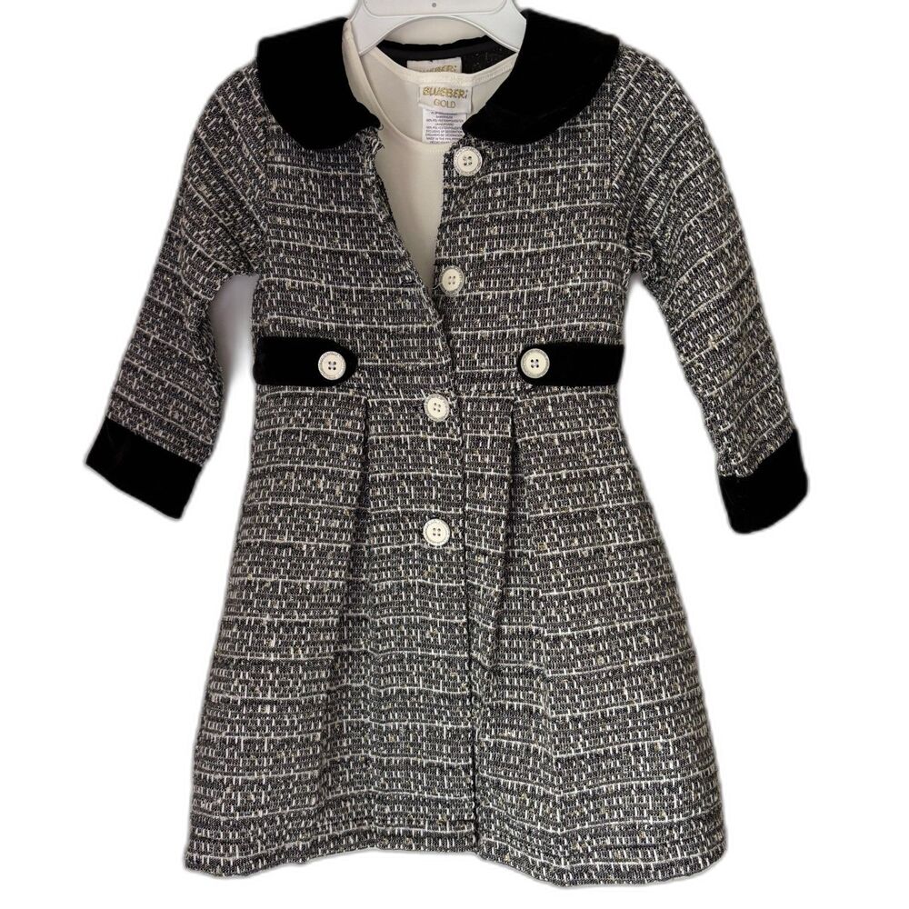 Blue Beri Gold Child Size 4T 2 Pc. Matching Pleated Tweed Pea Coat & Dress Set